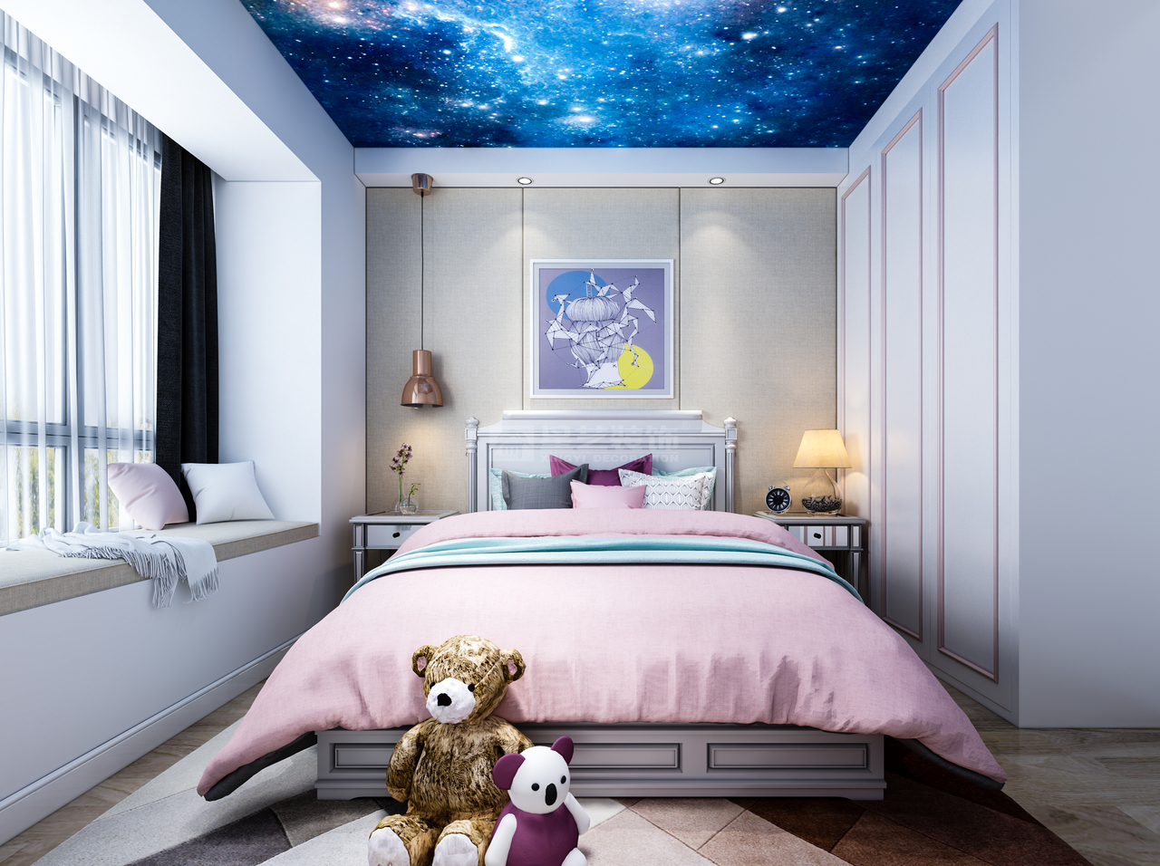 儿童房使用粉色床品和玩具熊，营造一个天真烂漫的空间氛围，蓝色星空的也为孩童时代无垠的梦幻加持一番！